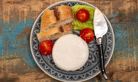 Cheese collection, French fresh white soft goat cheese served with tomatoesの写真素材