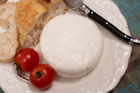 Cheese collection, French fresh white soft goat cheese served with tomatoesの写真素材