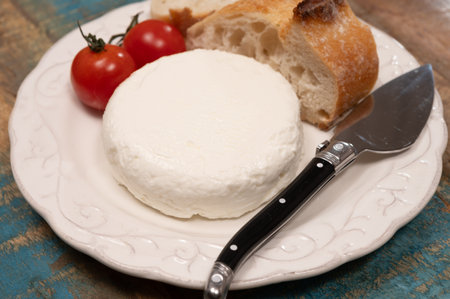 Cheese collection, French fresh white soft goat cheese served with tomatoesの写真素材