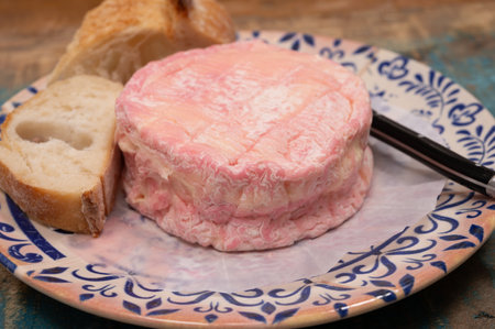 Cheese collection, French fresh white with rose rind soft goat cheese soaked in rose champagne wineの写真素材