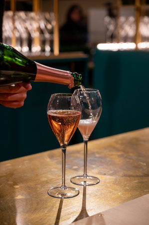 Pouring and tasting of rose sparkling wine champagne on winter weekend festival in December on Avenue de Champagne, Epernay, Champagne region, Franceの写真素材