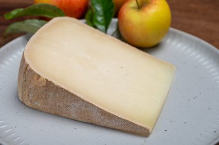 Piece of tasty Ossau-Iraty or Esquirrou sheep cheese produced in south-western France, Northern Basque Country, close upの写真素材