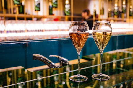 Glasses with little bubbles, tasting of sparkling wine champagne, winter festival in December, Avenue de Champagne, Epernay, Champagne region, Franceの写真素材