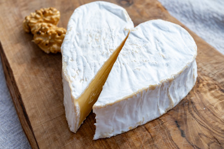 Cheese collection, French cheese from Normandy region, heart-shaped Neufchatel from farm shop close upの写真素材