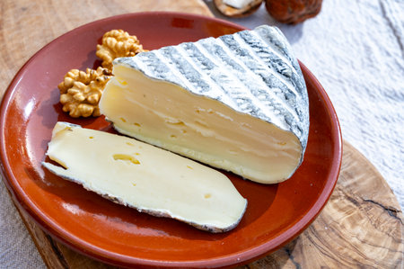 Piece of cheese tomme de chevre made from goat milk in France close upの写真素材