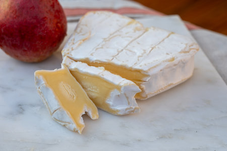 Cheese collection, French cheese from Normandy region, heart-shaped Neufchatel from farm shop close upの写真素材