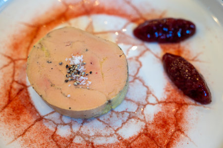 Foie gras fat liver specialty food product made of liver of a duck or goose fattened by gavage, force feeding, served in French restaurant with strawberry jam close upの写真素材