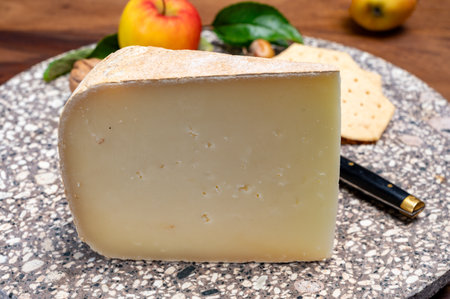 Piece of tasty Ossau-Iraty or Esquirrou sheep cheese produced in south-western France, Northern Basque Country, close upの写真素材