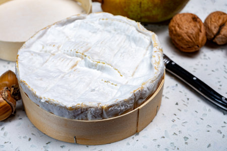 French soft Camembert cheese, original Camembert de Normandie, close up with white moldの写真素材