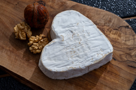 Cheese collection, French cheese from Normandy region, heart-shaped Neufchatel from farm shop close upの写真素材