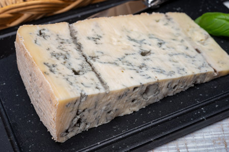 Italian food, buttery or firm blue cheese made from cow milk in Gorgonzola, Milan, Italy close upの写真素材