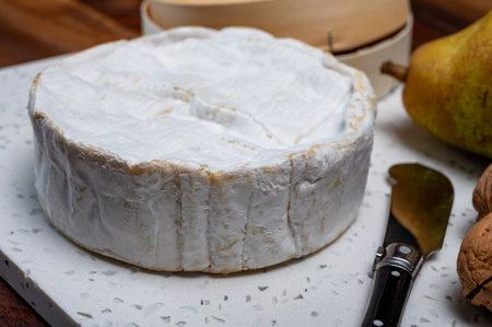 French soft Camembert cheese, original Camembert de Normandie, close up with white moldの写真素材