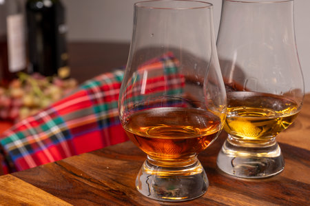 Tasting of different Scotch whiskeys strong alcoholic drinks, drum glass of whiskey and colorful Scotch tartan on background close upの写真素材