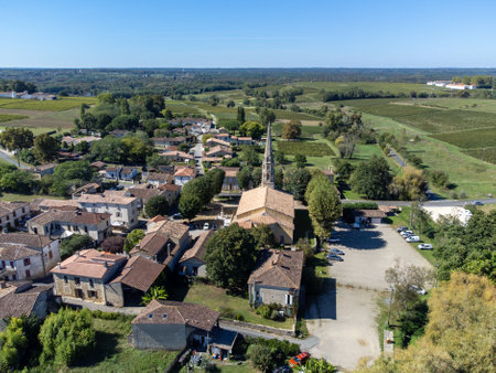 Aerial view on Sauternes village and vineyards, making of sweet dessert Sauternes wines from Semillon grapes affected by Botrytis cinerea noble rot, Bordeaux, Franceの写真素材
