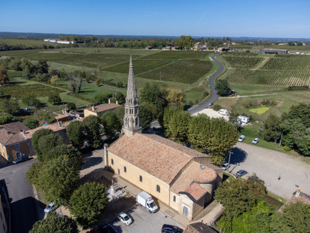 Aerial view on Sauternes village and vineyards, making of sweet dessert Sauternes wines from Semillon grapes affected by Botrytis cinerea noble rot, Bordeaux, Franceの写真素材