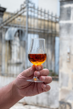 Tasting of aged in barrels cognac alcohol drink and view on old streets and houses in town Cognac, Grand Champagne, Charente, strong spirits distillation industry, Franceの写真素材