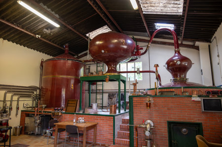 Double distillation process of cognac spirit in Charentias copper still pots and boilers in old distillery in Cognac white wine region, Charente, Segonzac, Grand Champagne, Franceの写真素材