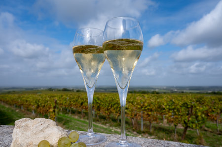 Tasting of grand cru sparkling white wine with bubbles champagne on chardonnay vineyards in Avize, Ay grand cru wine producer small village, Cote des Blancs, Champagne, Franceの写真素材