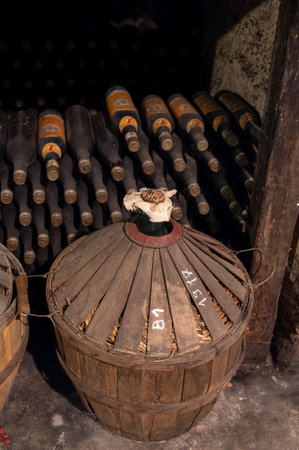 Aging process of cognac spirit in old dark French oak barrels in cellar in distillery house, Cognac white wine region, Charente, Segonzac, Grand Champagne, Franceの写真素材