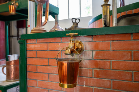 Double distillation process of cognac spirit in Charentias copper still pots and boilers in old distillery in Cognac white wine region, Charente, Segonzac, Grand Champagne, Franceの写真素材