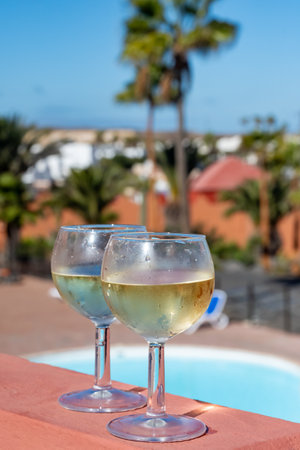Glasses of cold white wine on roof terrace served outdoor, view on Corralejo, Fuerteventura in sunny day, pool with blue waterの写真素材
