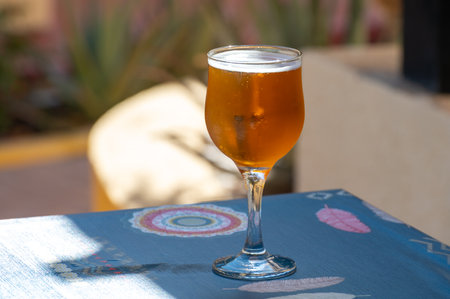 Lunch with cold beer in Spanish outdoor cafe, sunny dayの写真素材