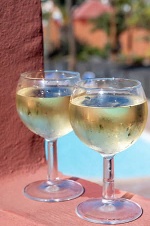 Glasses of cold white wine on roof terrace served outdoor, view on Corralejo, Fuerteventura in sunny day, pool with blue waterの写真素材