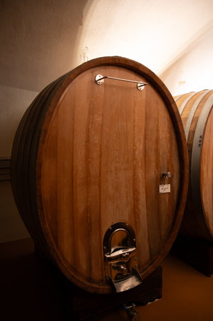 Wooden barrels. Traditional method of production of cremant sparkling wine in south part of Luxembourg country on bank of Moezel, also known as Mosel, Moselle or Musel river.のeditorial素材