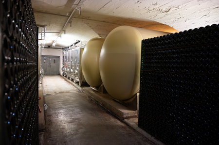 Traditional method of production of cremant sparkling wine in south part of Luxembourg country on bank of Moezel, also known as Mosel, Moselle or Musel river.のeditorial素材