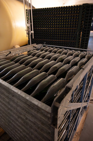 Traditional method of production of cremant sparkling wine in south part of Luxembourg country on bank of Moezel, also known as Mosel, Moselle or Musel river.のeditorial素材