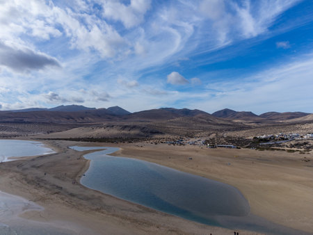 Aerial view on sandy dunes and blue turquoise water of Sotavento beach, Costa Calma, Fuerteventura, Canary islands, Spain in winterの写真素材