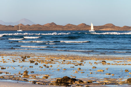 View Corralejo dunes, white sandy beach, blue water, Lobos and Lanzarote islands, north of Fuerteventura, Canary islands, Spainの写真素材