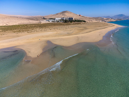 Aerial view on sandy dunes and blue turquoise water of Sotavento beach, Costa Calma, Fuerteventura, Canary islands, Spain in winterの写真素材
