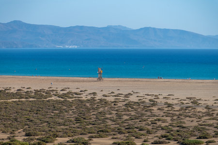 Sandy dunes and blue turquoise water of Sotavento beach, Costa Calma, Fuerteventura, Canary islands, Spain in winterの写真素材