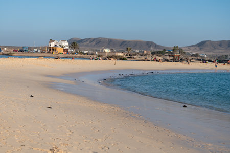 West coast of Fuerteventura island. Winter sea and sun vacation in El Cotillo touristic village, Canary islands, Spain on white sandy beach La Concha.の写真素材