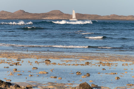 View Corralejo dunes, white sandy beach, blue water, Lobos and Lanzarote islands, north of Fuerteventura, Canary islands, Spainの写真素材