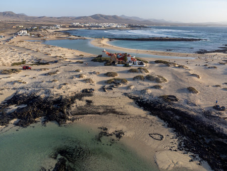 West coast of Fuerteventura island. Winter sea and sun vacation in El Cotillo touristic village, Canary islands, Spain on white sandy beach La Concha.のeditorial素材