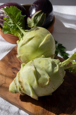 Heads of fresh ripe bio white small cabbage kohlrabi from organic farm, close upの写真素材
