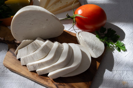 Freshly strained white soft goat cow sheep milk cheese, young Spanish cheese, close-upの写真素材