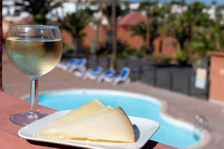 Spanish hard manchego, cow, sheep and goat cheese, glass of cold white wine and blue swimming pool on backgroundの写真素材