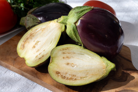 Raw young eggplants vegetables from organic vegetables farm on Fuerteventura island, Canary islands, Spainの写真素材