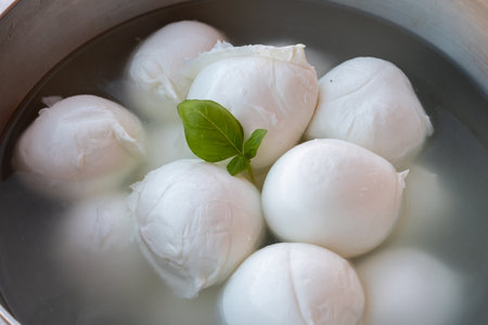 Cheese collection, many fresh white balls of soft Italian cheese mozzarella, on organic cheese farm, Latina, Italyの写真素材