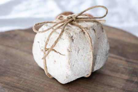 Italian small piece of hard cheese truffleino romano with black summer truffles mushrooms close upの写真素材