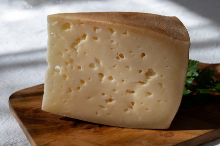 Spanish hard manchego, cow, sheep and goat cheese close upの写真素材