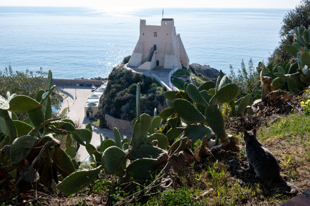 View on white harbor tower from hilly medieval small touristic coastal town Sperlonga and sea shore, Latina, Italy in winterの写真素材