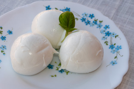 Cheese collection, white balls of soft Italian cheese mozzarella, served with olive oil, fresh basil leaves close upの写真素材