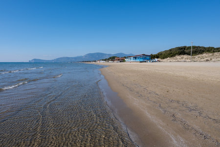 Sandy beach near medieval small touristic coastal town Sperlonga and sea shore, Latina, Italy in winterの写真素材