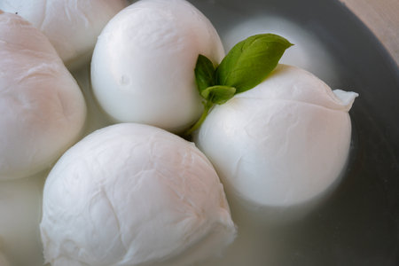 Cheese collection, many fresh white balls of soft Italian cheese mozzarella, on organic cheese farm, Latina, Italyの写真素材