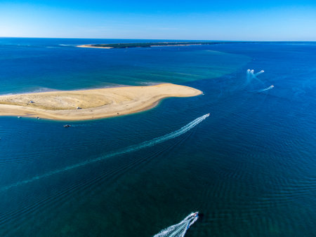 Aerial view of Cap Ferret and Arcachon Bay area, France southwest of Bordeaux along France's Atlantic coastline in sunny dayの写真素材