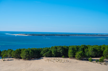 View from Dune of Pilat tallest sand dune in Europe located in La Teste-de-Buch in Arcachon Bay area, France southwest of Bordeaux along France's Atlantic coastline in sunny dayの写真素材